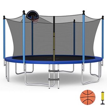 Heavy Duty Trampoline with Enclosure Net Ladder and Basketball Hoop for Backyard Play