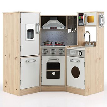 Corner Wooden Kids Kitchen Playset with Cookware Accessories
