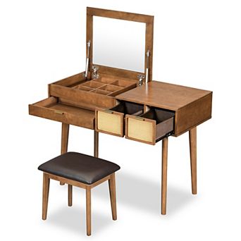 GOMYHOME 43" Mid-Century Flip-Top Vanity Set with Mirror, Hidden Storage & Cane Drawers