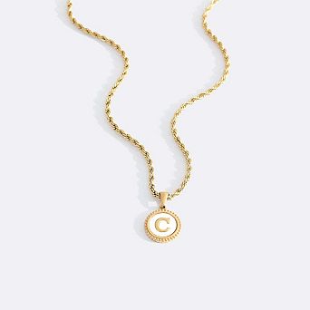 Mother of Pearl Disc Letter Necklace with Rope Chain