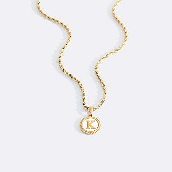 Mother of Pearl Disc Letter Necklace with Rope Chain