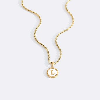 Mother of Pearl Disc Letter Necklace with Rope Chain