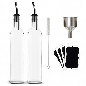 Cheer Collection Glass Olive Oil Dispenser Set with Precision Pour Spouts Funnel Brush and Labels