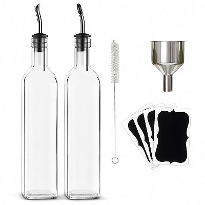 Cheer Collection Glass Olive Oil Dispenser Set with Precision Pour Spouts Funnel Brush and Labels