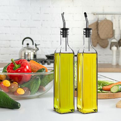 Cheer Collection Glass Olive Oil Dispenser Set with Precision Pour Spouts Funnel Brush and Labels