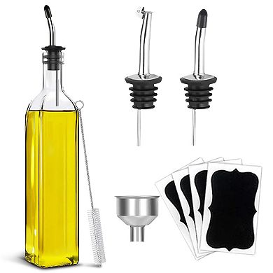 Cheer Collection Glass Olive Oil Dispenser Set with Precision Pour Spouts Funnel Brush and Labels