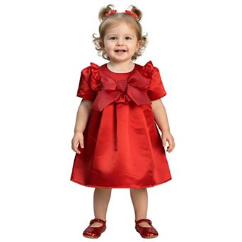 2Bunnies Baby Toddler Girls’ Holiday Red Satin Puff Sleeve Dress with Oversized Bow