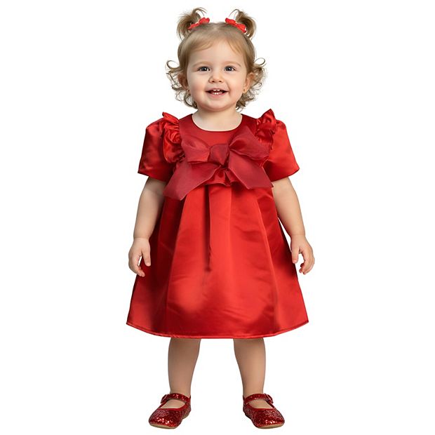 2Bunnies Girls 12M-6yr Red Satin Puff Sleeve Babydoll Dress with Oversized Bow Red 12-24 Months