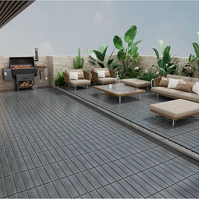 WPC Interlocking Deck Tiles, 11-Pack Covers - Waterproof Gray Patio Tiles for Balcony, Poolside,Ind