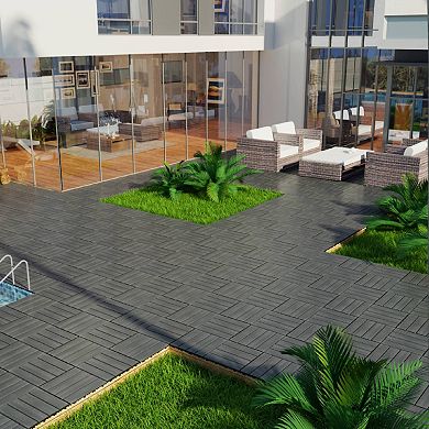 WPC Interlocking Deck Tiles, 11-Pack Covers - Waterproof Gray Patio Tiles for Balcony, Poolside,Ind