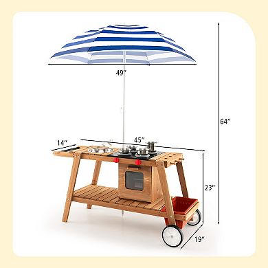 Kids Wooden Kitchen Cart Playset with Umbrella, Sink, Stove and Storage