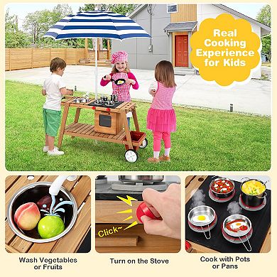 Kids Wooden Kitchen Cart Playset with Umbrella, Sink, Stove and Storage