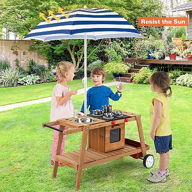 Kids Wooden Kitchen Cart Playset with Umbrella, Sink, Stove and Storage