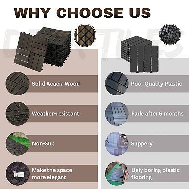CEWOR 10 PCS Acacia Wood Interlocking Deck Tiles, 12"x12" Outdoor Flooring Natural Wood Grain