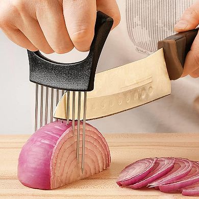 Cheer Collection Stainless Steel Onion Holder for Safe Slicing and Even Cuts on Vegetables and Meat