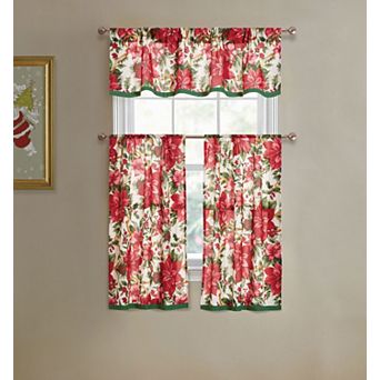 Kate Aurora Holiday Living Classic Poinsettia Complete 3 pc Christmas Kitchen Curtain Set