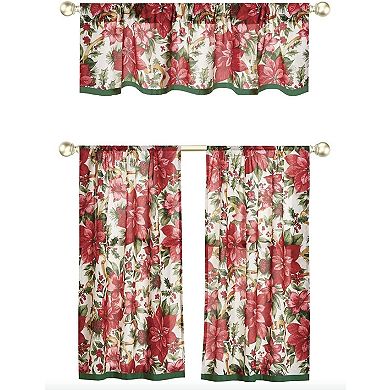 Kate Aurora Holiday Living Classic Poinsettia Complete 3 Piece Christmas Kitchen Curtain Set