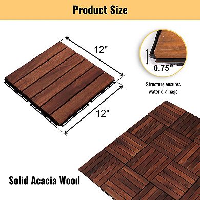 30 PCS Interlocking Solid Wood Deck Tiles, 12"x12" Striped Patio Flooring for Outdoor,Brown