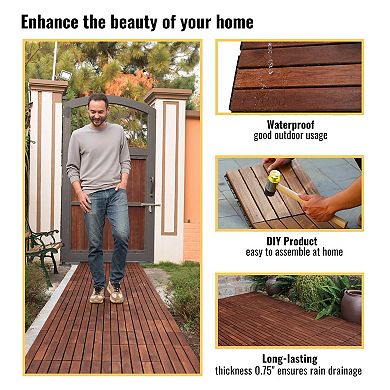30 PCS Interlocking Solid Wood Deck Tiles, 12"x12" Striped Patio Flooring for Outdoor,Brown