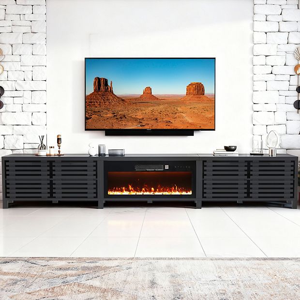 115″ Modern Black Electric Fireplace TV Stand with Media Console