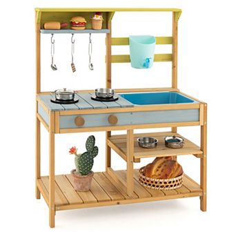 Kids Wooden Outdoor Mud Kitchen Playset with Sink, Faucet and Shelves