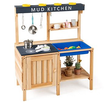 Kids Outdoor Wooden Mud Kitchen Playset with Sink and Cooking Accessories