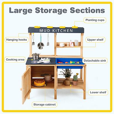 Kids Outdoor Wooden Mud Kitchen Playset with Sink and Cooking Accessories