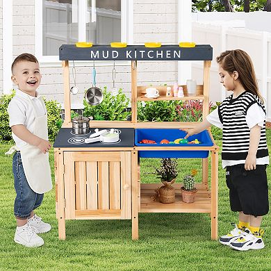 Kids Outdoor Wooden Mud Kitchen Playset with Sink and Cooking Accessories