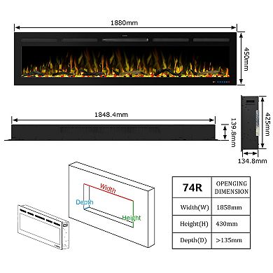 74" Black Recessed Wall Mounted Insert Smart Linear Electric Fireplace with Remote and App