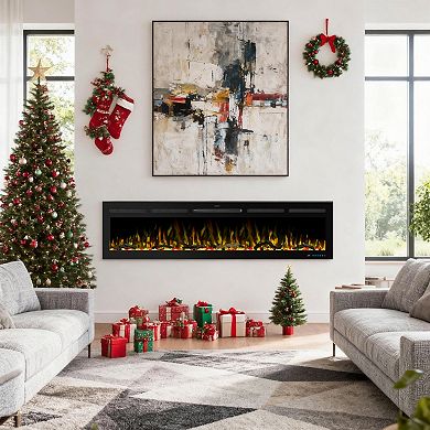 74" Black Recessed Wall Mounted Insert Smart Linear Electric Fireplace with Remote and App