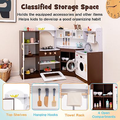 Toddler Kitchen Playset with Ice Maker Microwave Oven Sink and Washing Machine for Kids 3+ Years Old