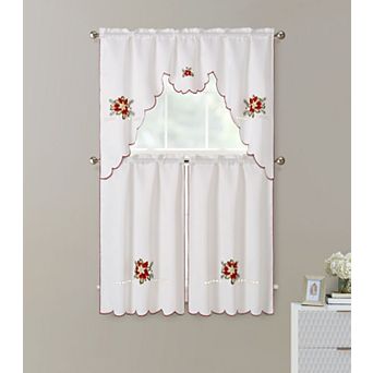 Kate Aurora Holiday Collection Rod Pocket Embroidered Poinsettia Christmas 3 pc Kitchen Curtain Set