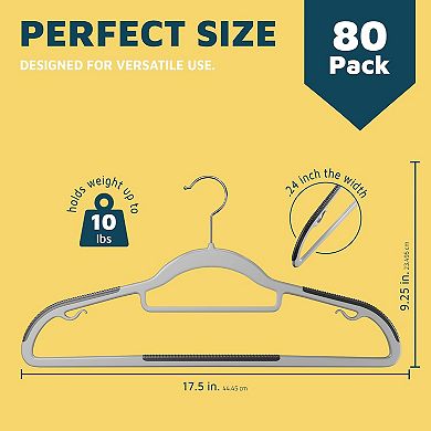 Lifemaster Plastic Hanger Set Slim, Nonslip Rubber Coating with 360° Swivel Hook Pack of 80