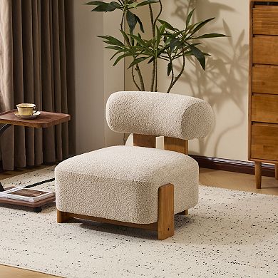 27.25" Boucle Lounge Chair with Solid Wood Frame and Rolled Backrest