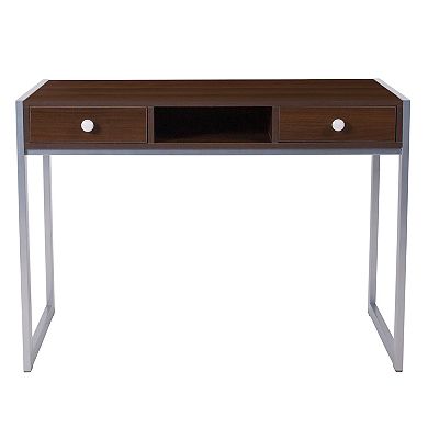 Emma and Oliver Dark Wood Grain Finish Desk with Two Drawers and Silver Metal Frame
