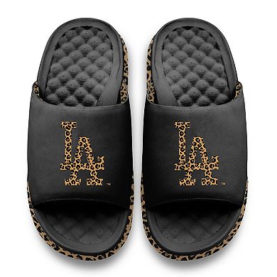 Women's ISlide Black Los Angeles Dodgers Cheetah Dip Motive Slide Sandals