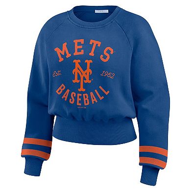 Women's WEAR by Erin Andrews Royal New York Mets Vintage Washed Cropped Pullover Sweatshirt