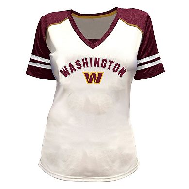 Women's Fanatics Jayden Daniels White Washington Commanders Plus Size Bling V-Neck T-Shirt