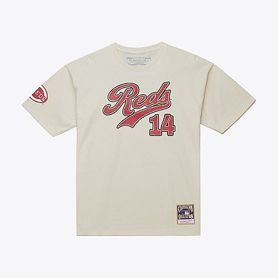Men's Mitchell & Ness Pete Rose Cream Cincinnati Reds Cooperstown Collection Throwback Name & Number T-Shirt