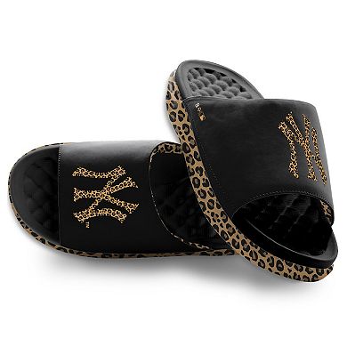 Women's ISlide Black New York Yankees Cheetah Dip Motive Slide Sandals