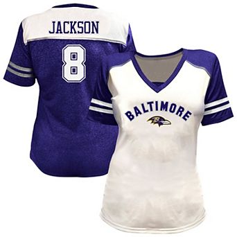 Women's Fanatics Lamar Jackson White Baltimore Ravens Plus Size Bling V-Neck T-Shirt