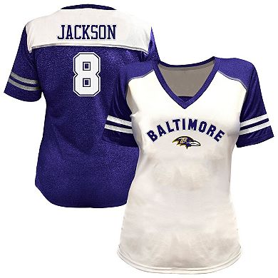 Women's Fanatics Lamar Jackson White Baltimore Ravens Plus Size Bling V-Neck T-Shirt