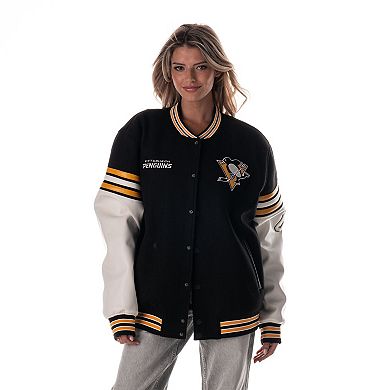 Unisex The Wild Collective Black Pittsburgh Penguins Drop Shoulder Full-Snap Varsity Jacket