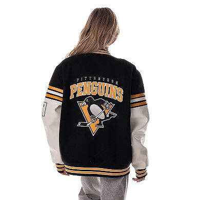 Unisex The Wild Collective Black Pittsburgh Penguins Drop Shoulder Full-Snap Varsity Jacket