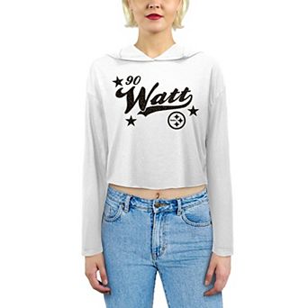 Women's Majestic Threads T.J. Watt White Pittsburgh Steelers Glitter Wordmark Hoodie