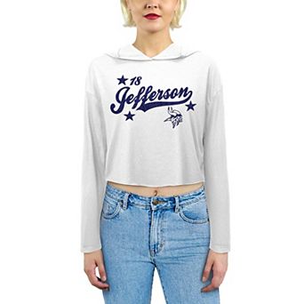 Women's Majestic Threads Justin Jefferson White Minnesota Vikings Glitter Wordmark Hoodie