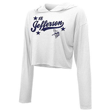 Women's Majestic Threads Justin Jefferson White Minnesota Vikings Glitter Wordmark Hoodie