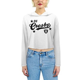 Women's Majestic Threads Maxx Crosby White Las Vegas Raiders Glitter Wordmark Hoodie