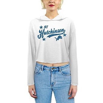 Women's Majestic Threads Aidan Hutchinson White Detroit Lions Glitter Wordmark Hoodie