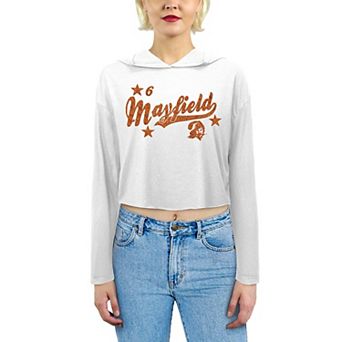 Women's Majestic Threads Baker Mayfield White Tampa Bay Buccaneers Glitter Wordmark Hoodie